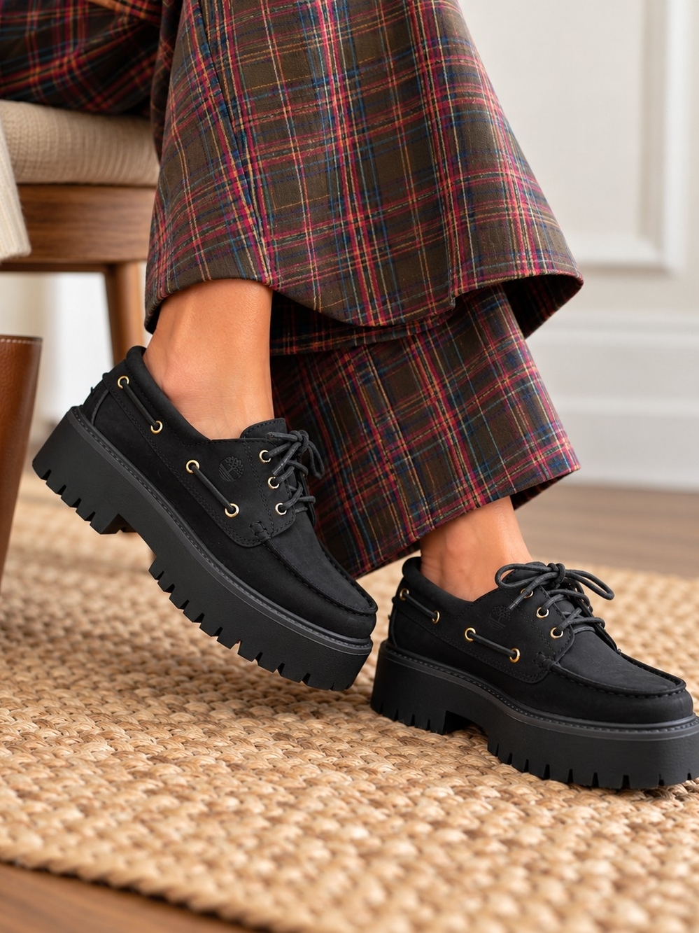 Timberland Stone Street Platform Boat Shoes Black Leather Lug Sole 8W